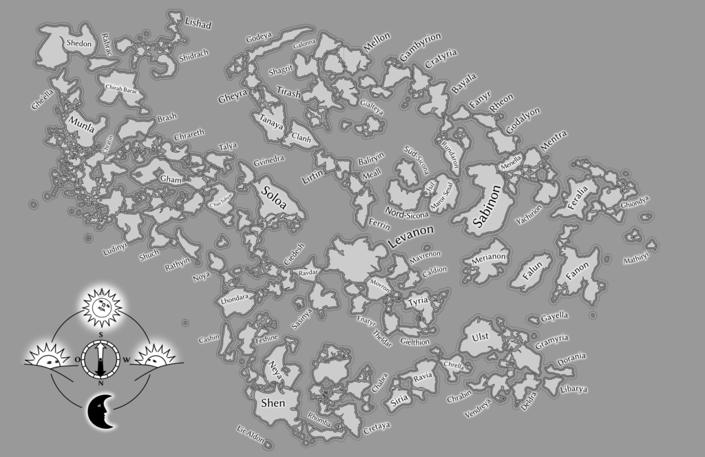 Landkarte der Welt der Flüchtlings-Chroniken, des Inselrundes, mit seinen hunderten von Inseln
